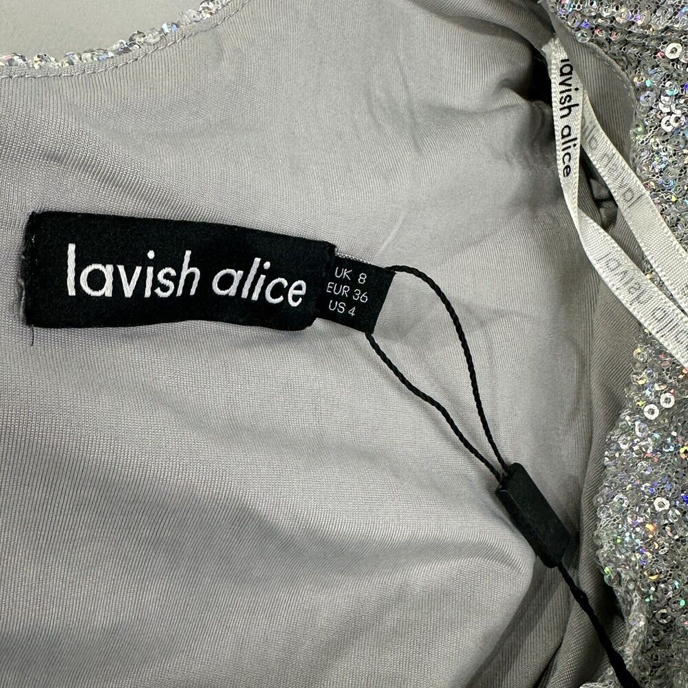 Lavish Alice Sequin One Sleeve Silver Iridescent Holo Cocktail mini Dress Size 4 - Picture 5 of 9